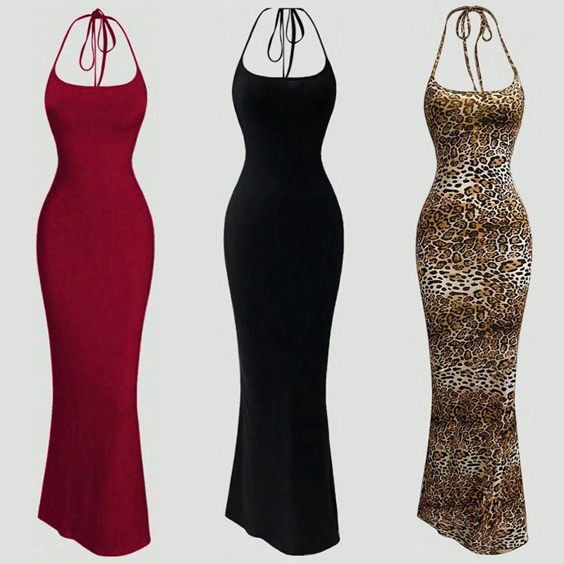 Halterung Spaghettiträger Leopardenmuster Schlanke Passform Entblößte Rückseite Neues Kleid