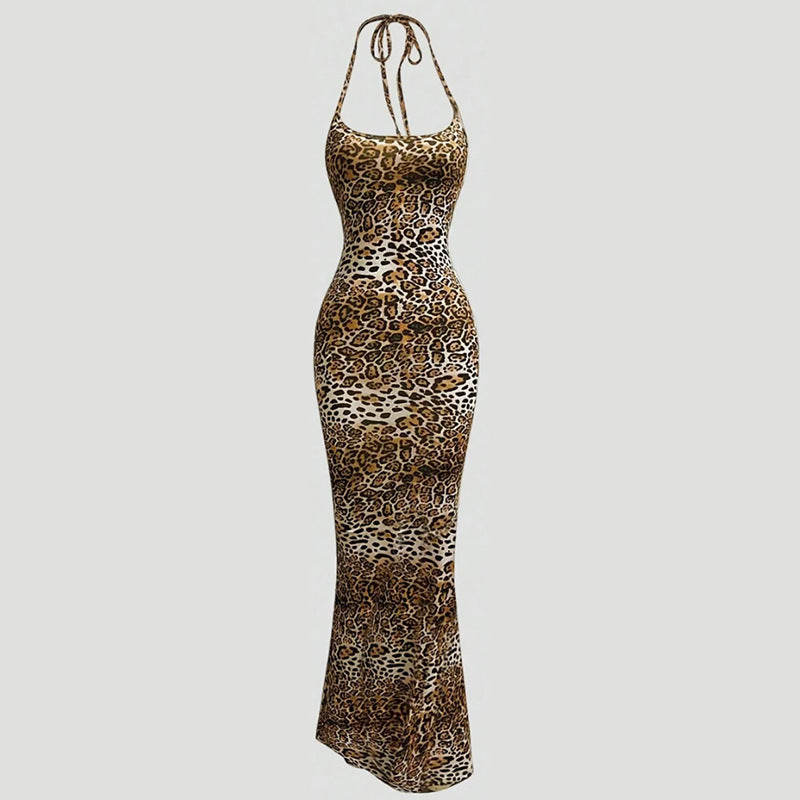 Halterung Spaghettiträger Leopardenmuster Schlanke Passform Entblößte Rückseite Neues Kleid