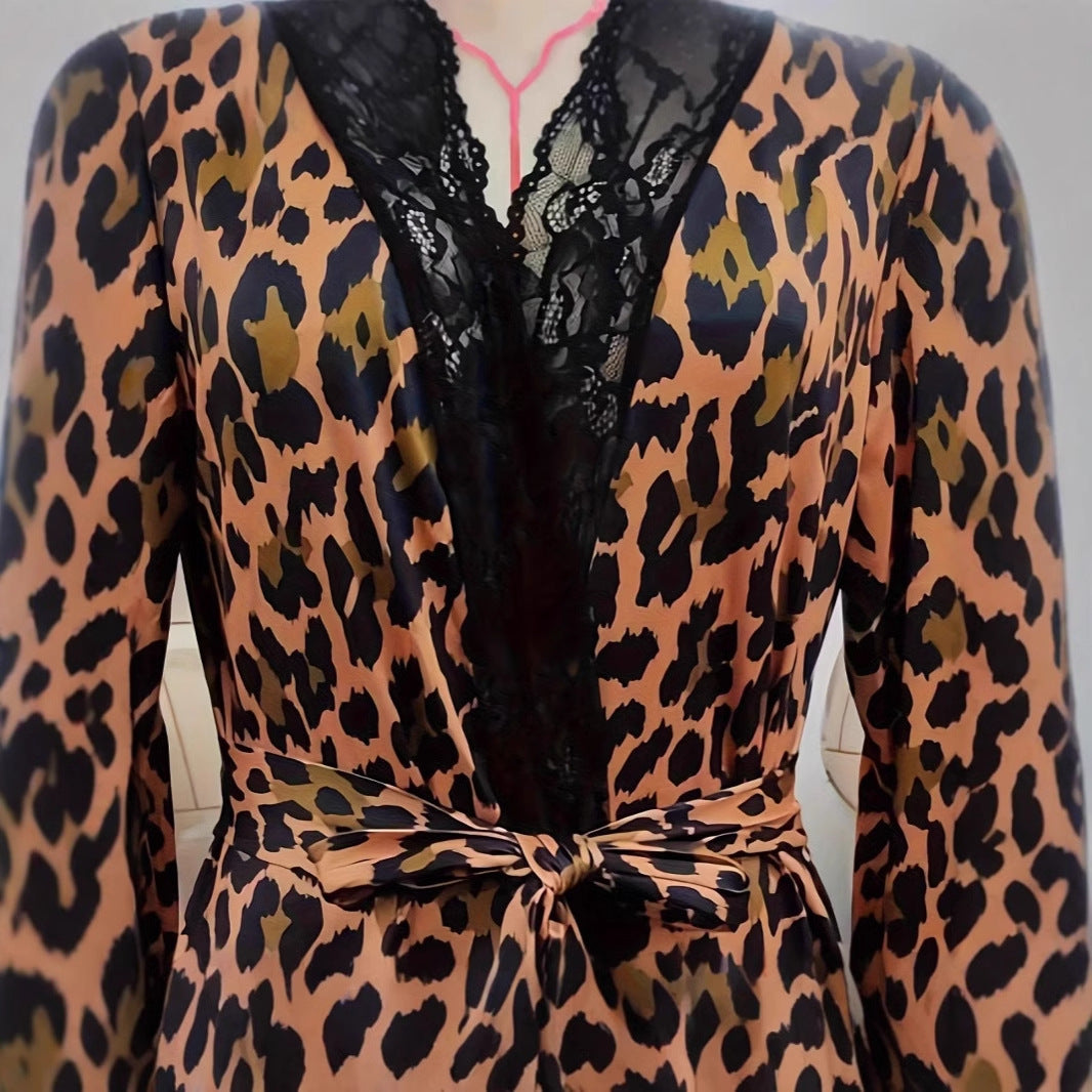 Fashion Casual Spitze Langarm Leopard Print Kleid