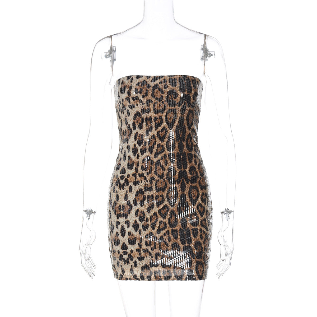 Bedruckte Pailletten Leopard Print Tube Top Paket Hip Kleid
