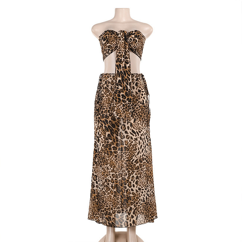 Sexy Two-piece Suit Print Tube Top Mid-length Dress Set