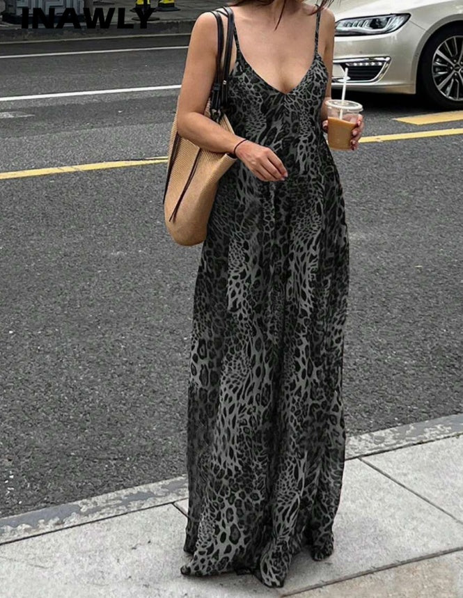 Damen Sommer Mode Leopard Print Spaghetti Strap Kleid