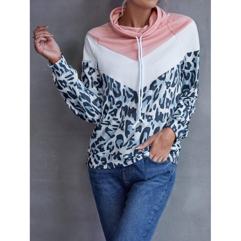 Leopard Print Contrast Color Patchwork Pullover Hooded Sweater Top Women