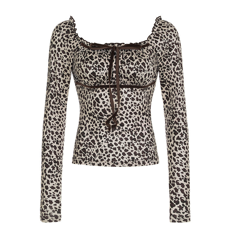 European And American Leopard Print Long Sleeve Top For Women