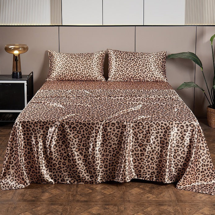 Satin Artificial Silk Printing Bed Sheet Fitted Sheet Pillowcase Digital Printing Silver Leopard Four-piece Set