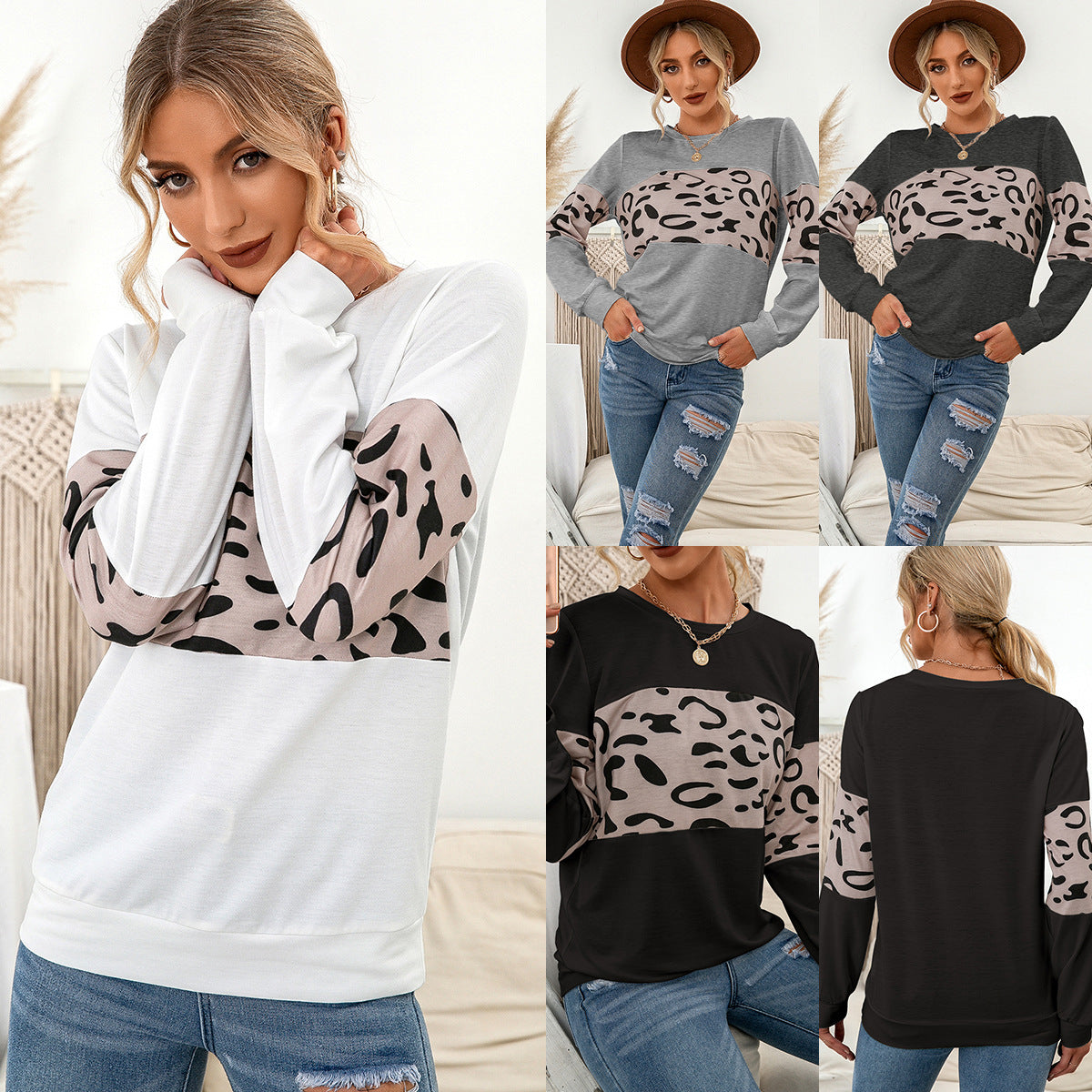 Knitted Leopard Print Pullover Round Neck Contrast Color Patchwork Sweatshirt Women