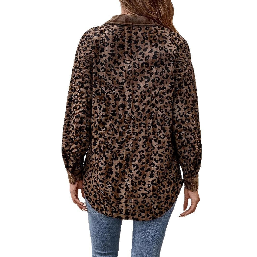 Fashion Leopard Print Corduroy Button Long Sleeve Coat