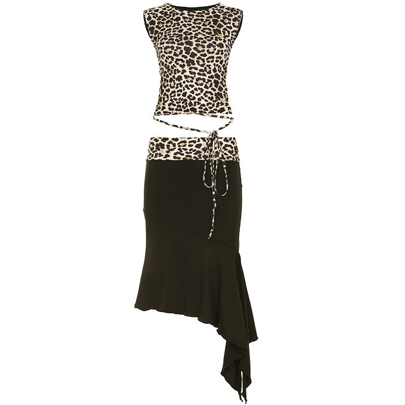 Summer Fashion Leopard Print Lace-up Sleeveless Vest Irregular Sheath Bevel Two-piece Overskirt Suit