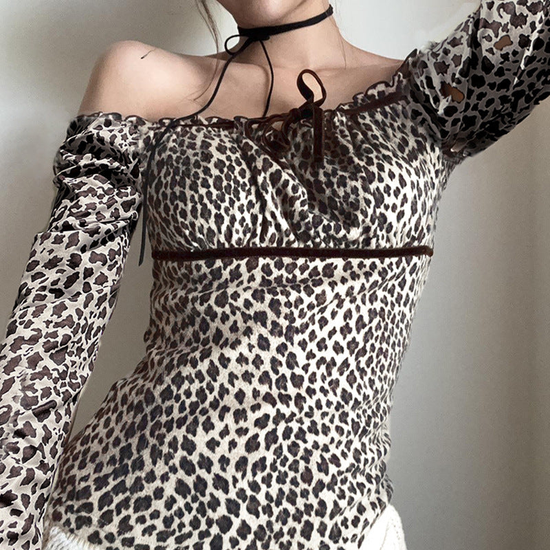European And American Leopard Print Long Sleeve Top For Women