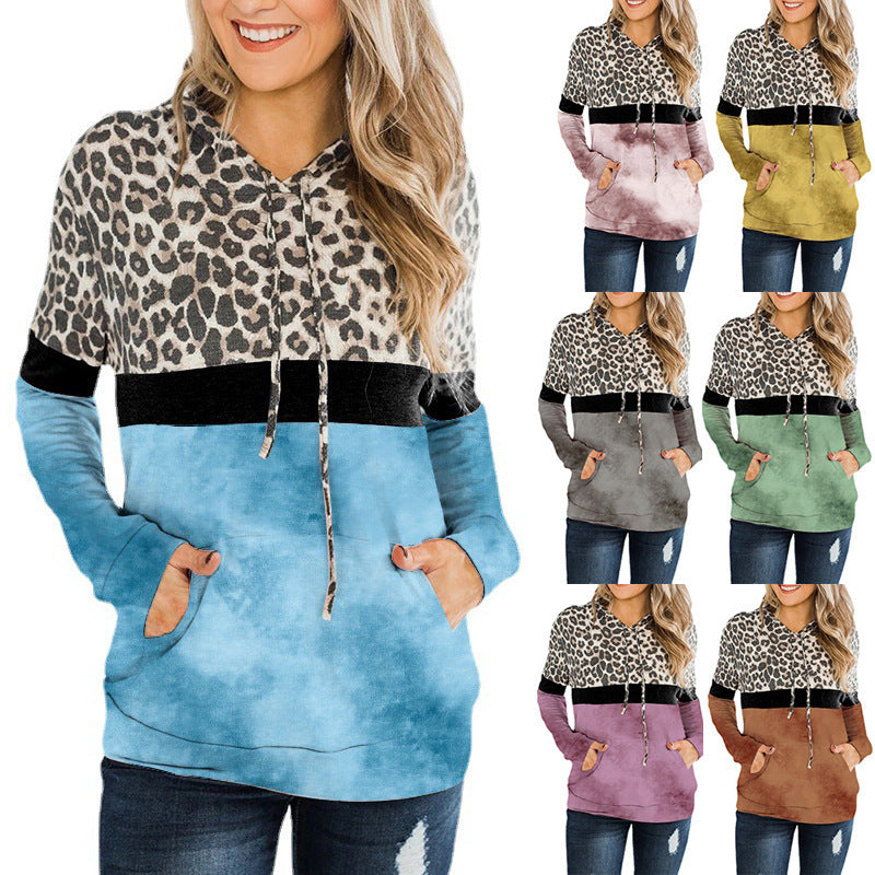 Winter Leopard Print Tie-Dye Paneled Long Sleeve Pocket Hoodie