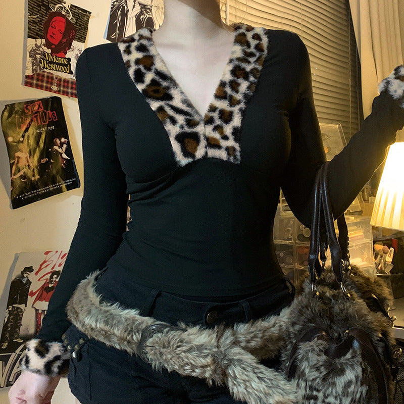 French Sexy Hot Girl Leopard Print Base All-matching T-shirt Sweater