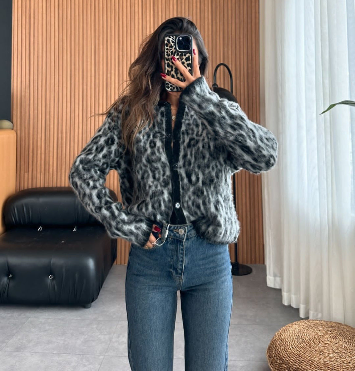 Women's Fashion Lazy Round Neck Leopard-print Sweater