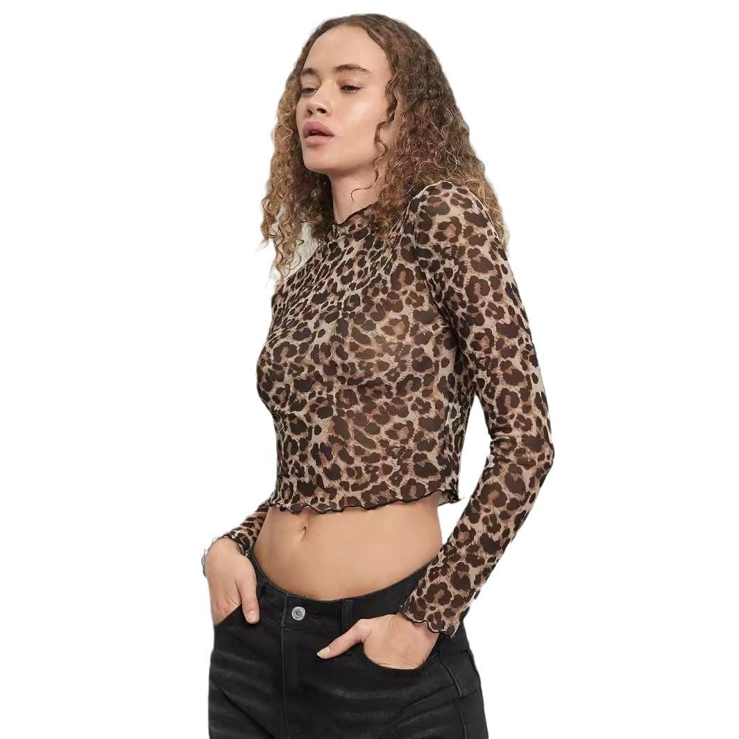Leopard Print Stand Collar Long Sleeve T-shirt For Women
