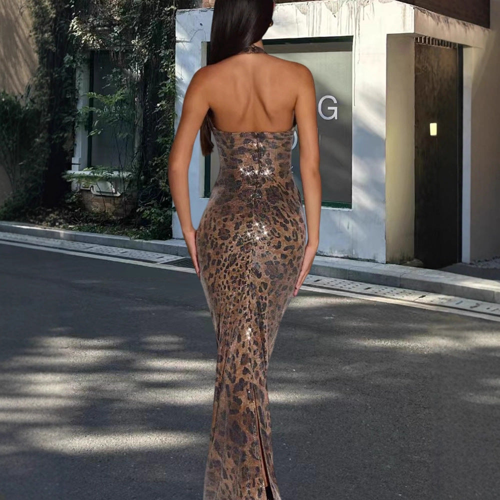 Leopard-print Halter Sequin Sleeveless Bodycon Dress