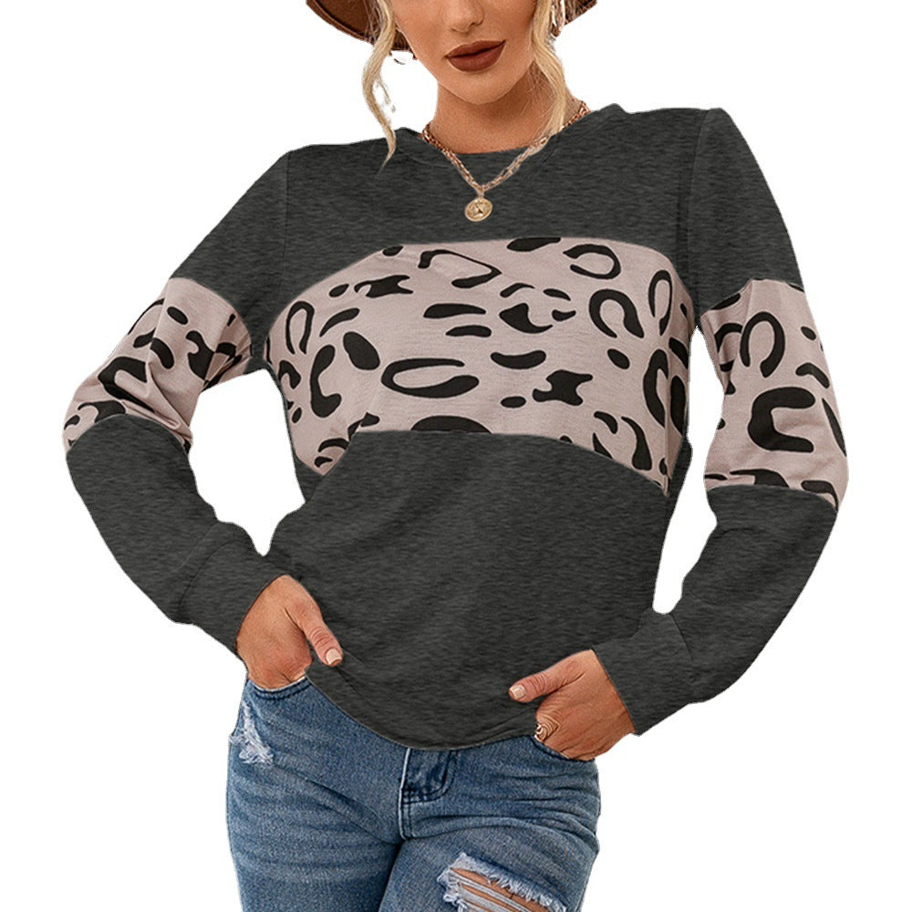 Knitted Leopard Print Pullover Round Neck Contrast Color Patchwork Sweatshirt Women
