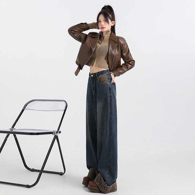 Leopard-print Curling Niche Design Stitching Jeans