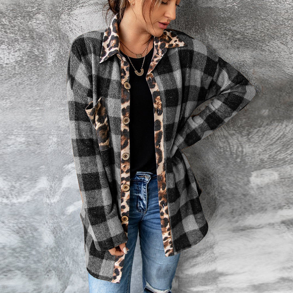 Explosive Houndstooth Leopard Print Contrast Plaid Long Sleeve Shirt Women