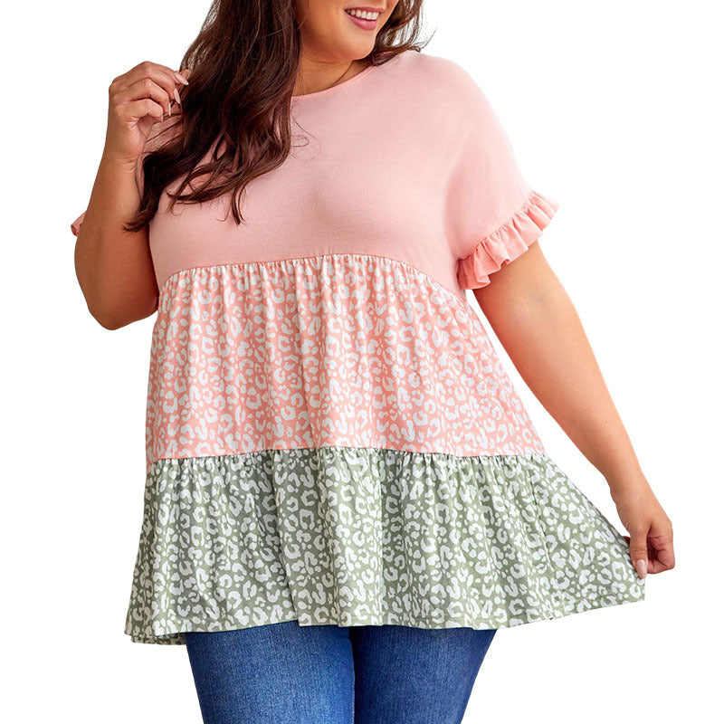 Personalized Leopard Print Pullover Ruffled Short Sleeves Plus size Women