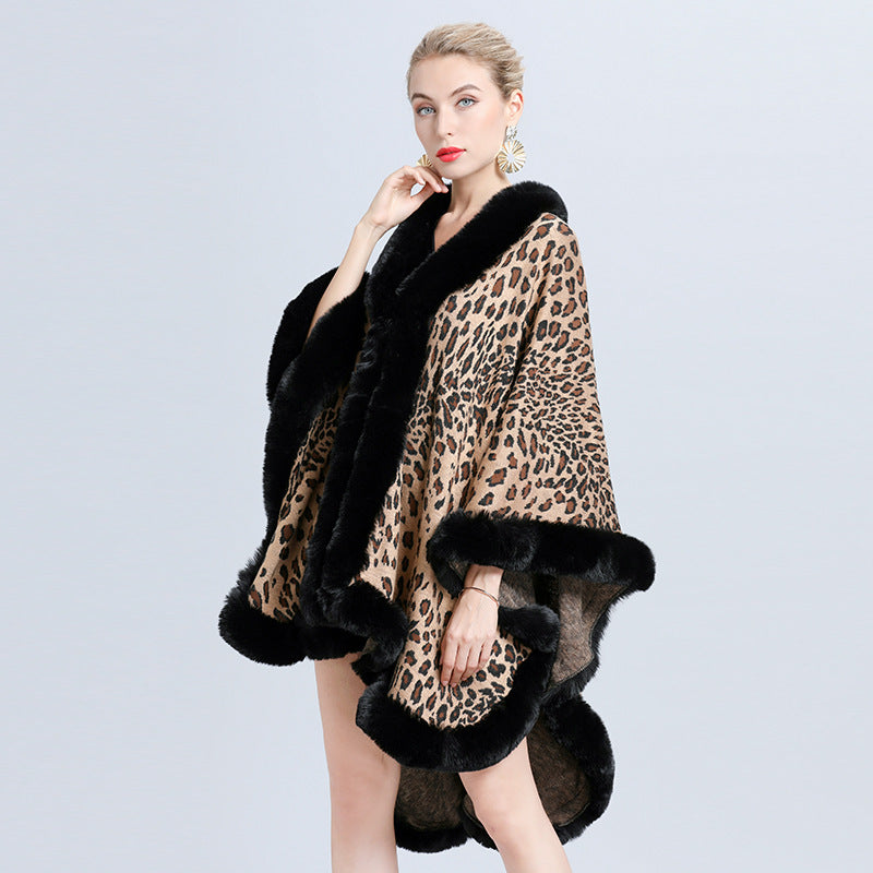 New Faux Fur Collar Leopard Print Jacquard Knitted Cardigan Shawl