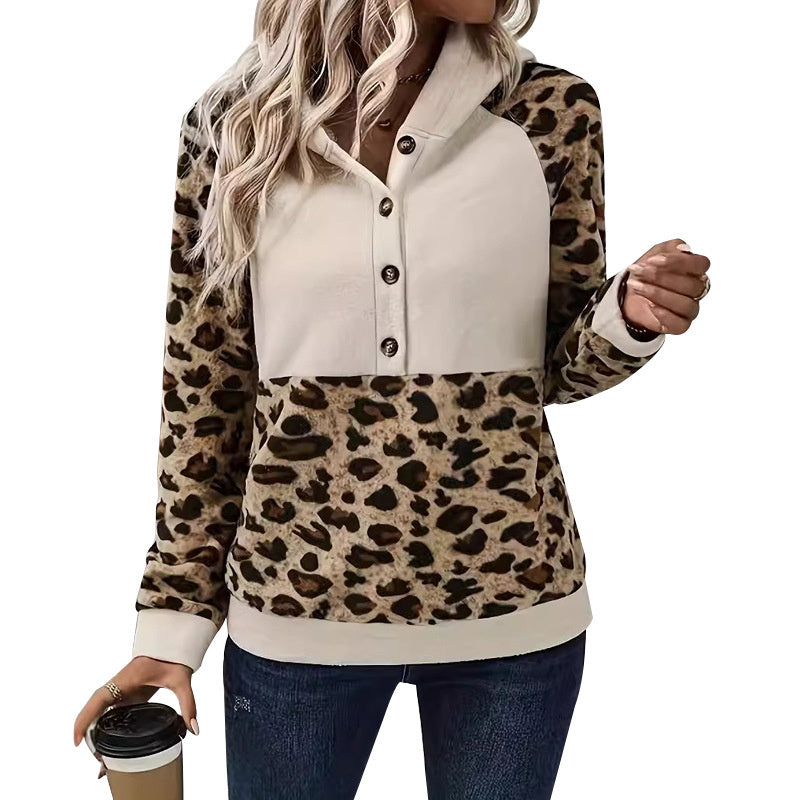 Leopard Print Sleeve Stitching Hooded Long-sleeved Sweatshirt