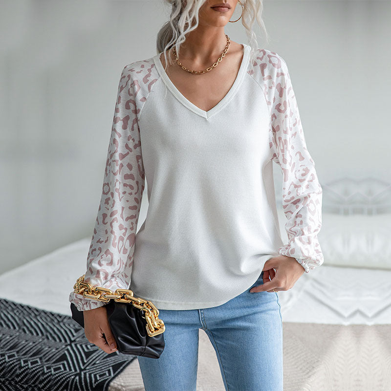 Women's Waffle Panel Basement Leopard V-Neck Knit Sweater