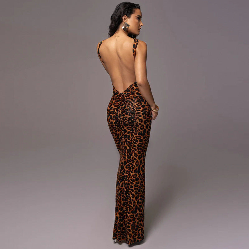 Stylish Fashion Leopard Print Backless Slim Fit Mid-length Dress for Her
