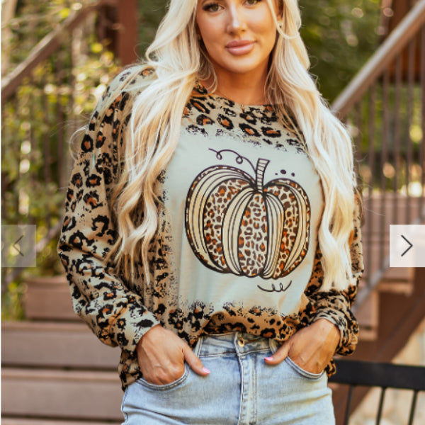 Brown Bleached Halloween Pumpkin Leopard Print Sweatshirt Sweater