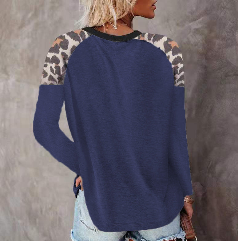 Autumn And Winter New Round Neck Leopard Print Stitching Pocket T-shirt Long Sleeves