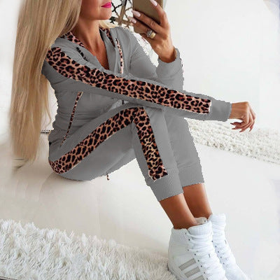 Women's Leopard Print Long Sleeve Print Zip Sweater Pants Set