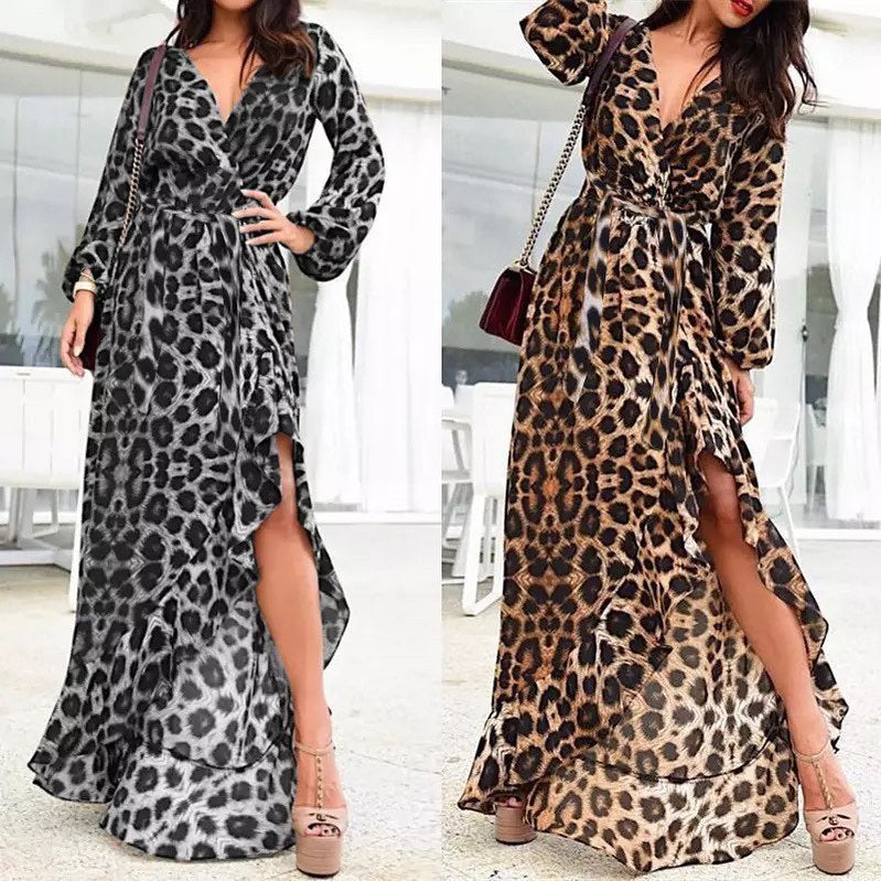 Lässiges Maxikleid mit Leopardenmuster und V-Ausschnitt