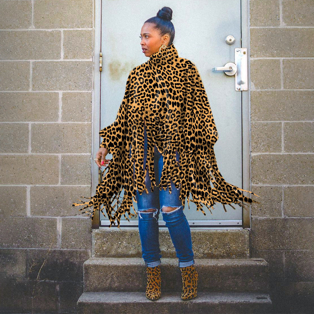 European And American Fashion Leopard Print Long Sleeve Tassel Top Urban Style