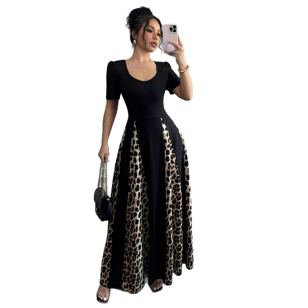 Women's Leopard-print Contrast-color Night Black Dress