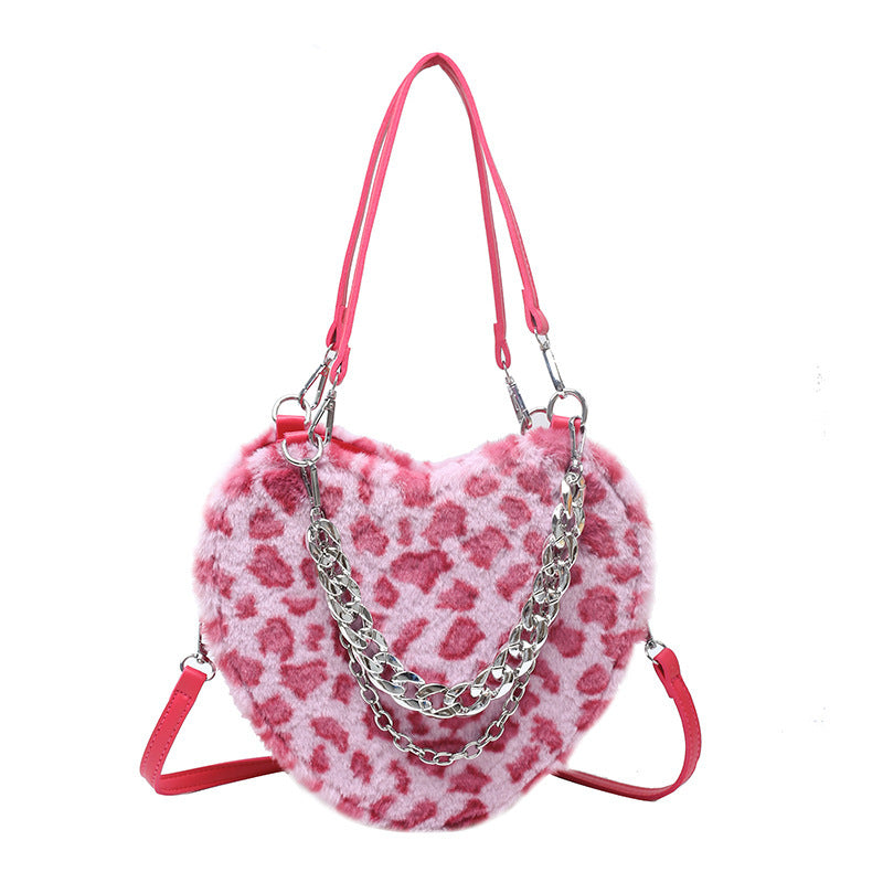 Leopard Print Love Women's Fashion Messenger Plush Chain Shoulder Bag