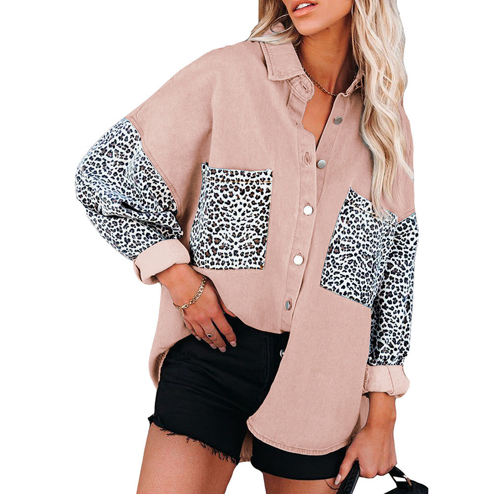 Leopard Print Stitched Casual Top With Pockets