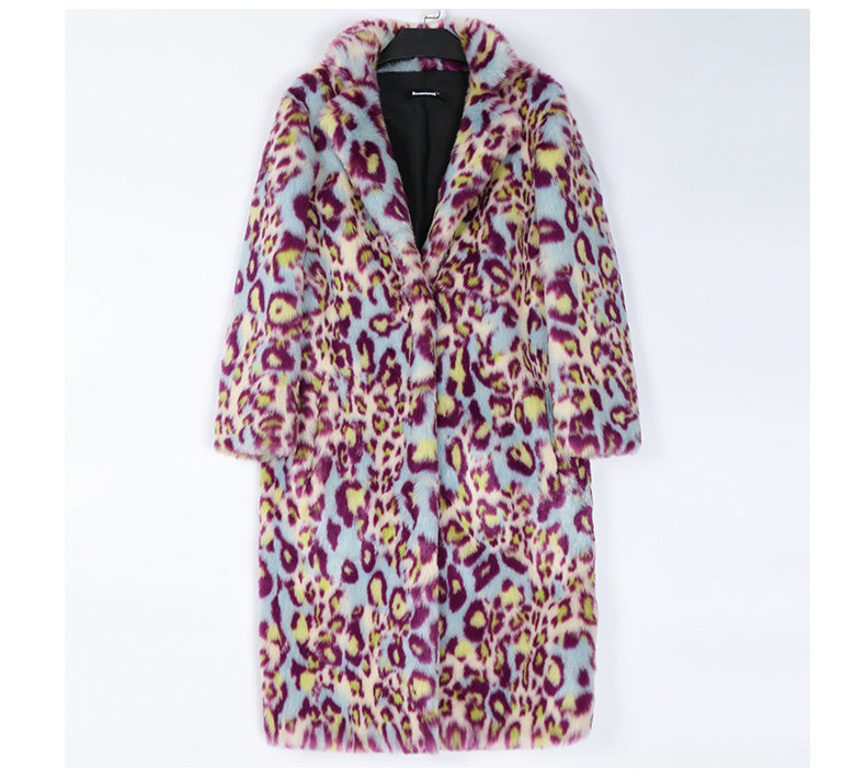 Leopard Print Fur Coat Women's Mid Length Slimming Plush Coat Women Winter