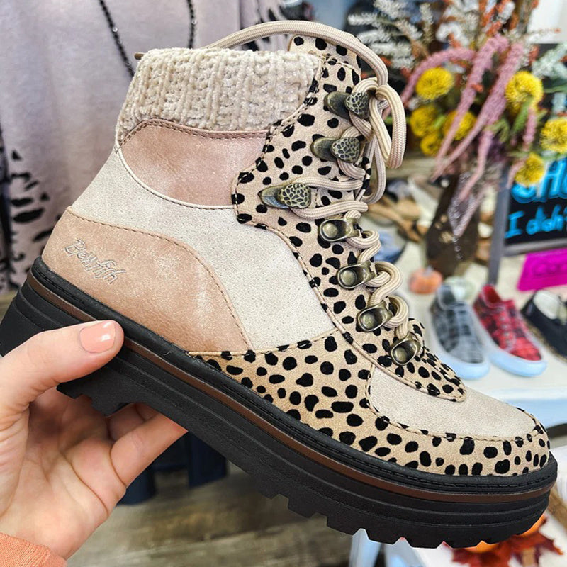 Leopard Stiefel Frauen Lace Up Martin Stiefel Winter Low Heel Schuhe