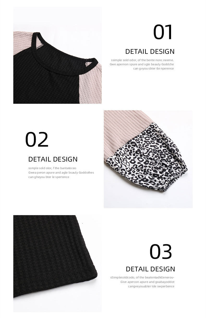 Autumn New Middle East Style Long Sleeve Waffle Top Stitching Leopard Print Knitwear