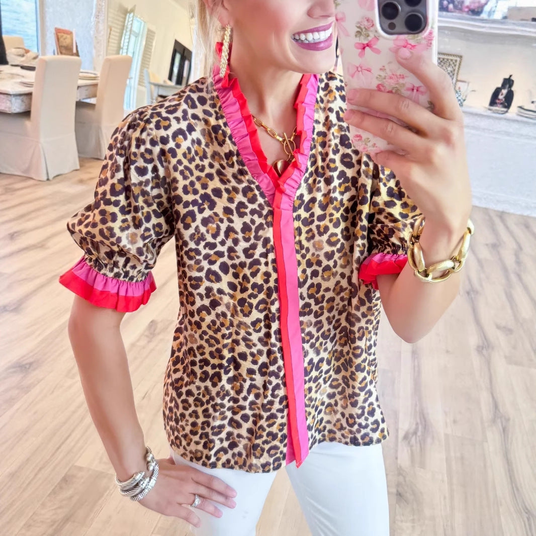European And American Leisure Fashion Leopard Print Contrast Color Ruffled Short Sleeves