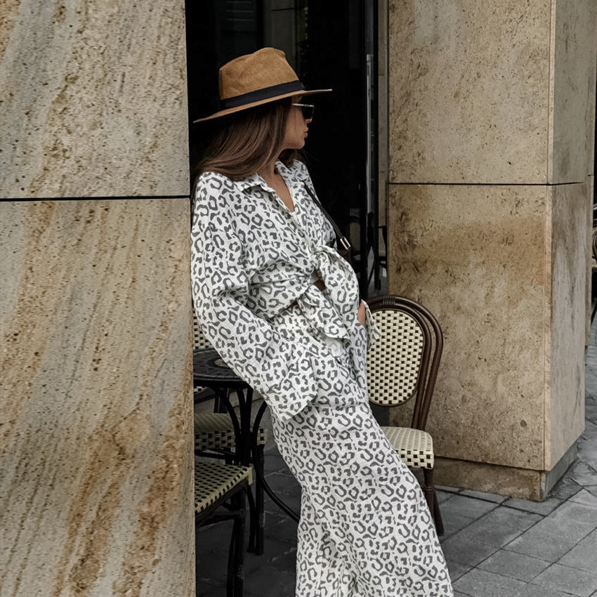 Pure Cotton Leopard-print Long-sleeved Shirt High Waist Suit Women