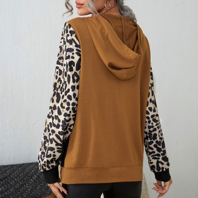 Casual Leopard Print Color Block Long Sleeve Round Neck Hoodie