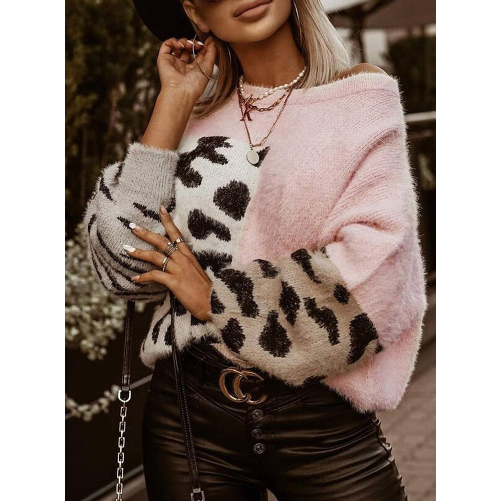 Leopard Print Long-sleeved Woolen Knitted Top Women Sweater