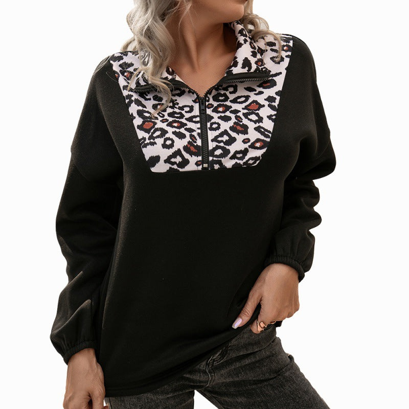 Ladies Leopard Print Panel Long Sleeve Pullover Sweatshirt