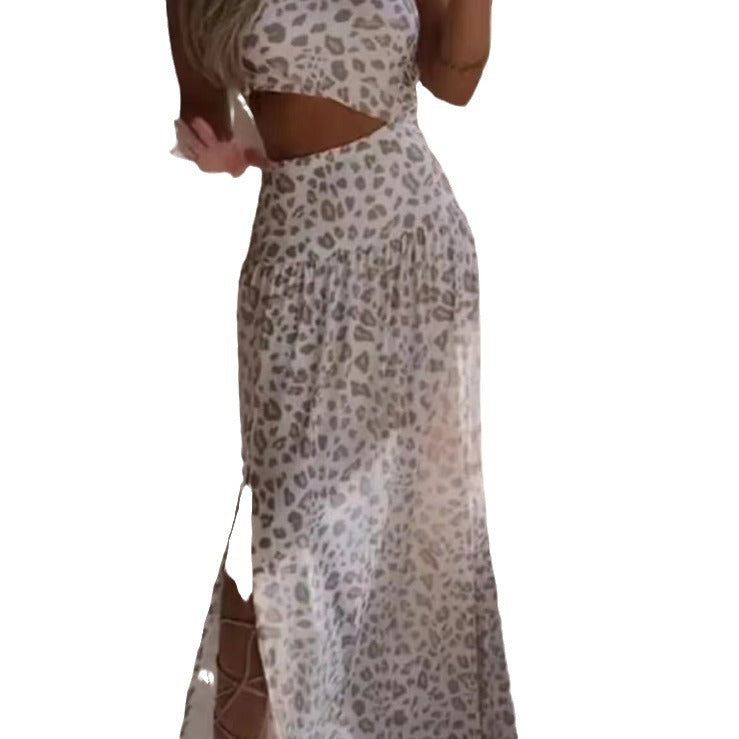 Herbst Frauen ärmelloses Leopard Print Split Sling Kleid