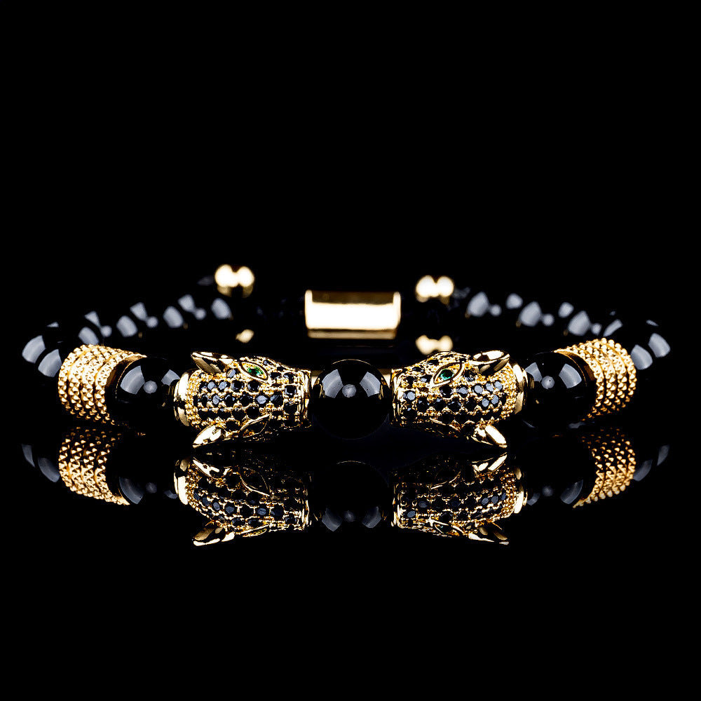 Vintage Leopardenkopf Achat gewebtes Armband