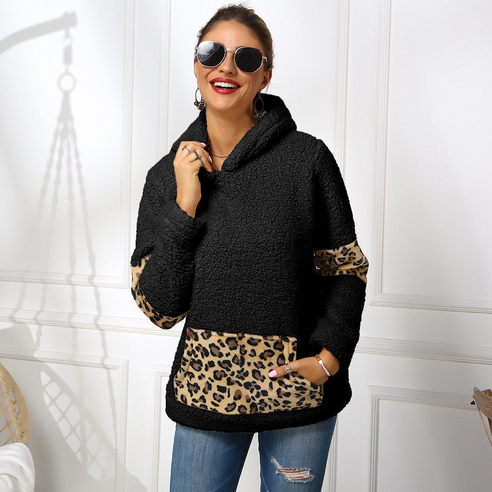 Women's Double-sided Fleece Hooded Leopard Print Stitching Sweater