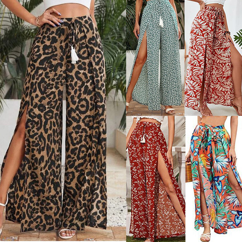 Trendy Leopard Print Casual Tassel Lace-up Waist Leopard Print Wide-leg Pants
