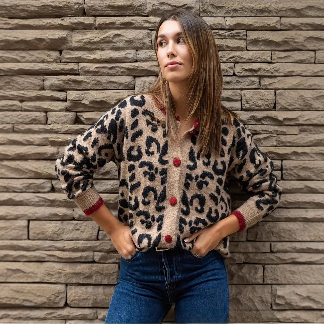 Retro Contrast Color Leopard Print Cardigan Round Neck Sweater