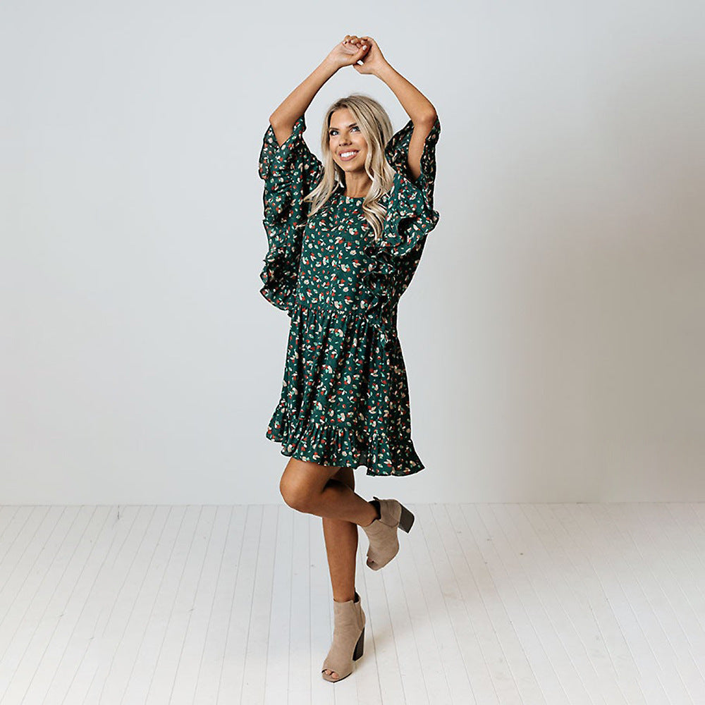 Damenmode Leopard Print Batwing Langärmeliges Kleid mit Nähten