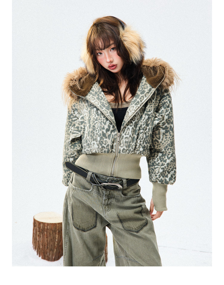 Thickened Slim-fit Short American-style Leopard Print Cotton Jacket