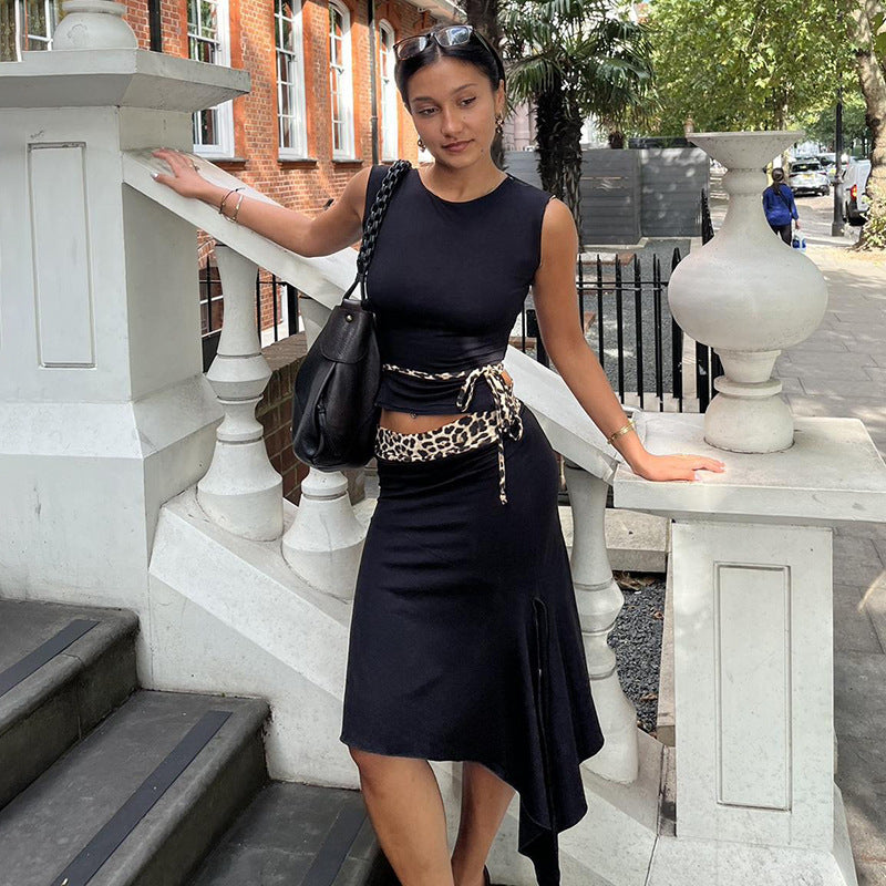 Summer Fashion Leopard Print Lace-up Sleeveless Vest Irregular Sheath Bevel Two-piece Overskirt Suit